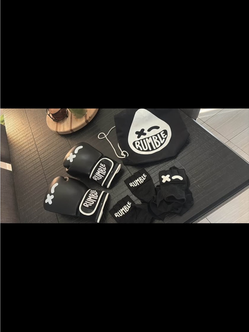 Black Rumble Boxing Gloves and Hand Wrap Set